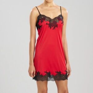 Natori Enchant Satin Lace Slip Chemise Dress L Red Black Coquette Romantic